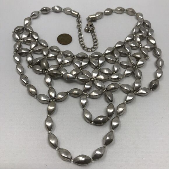 CHICO'S Necklace Silver Tone Bib Statement Beads Beaded Metallic - Picture 2 of 12